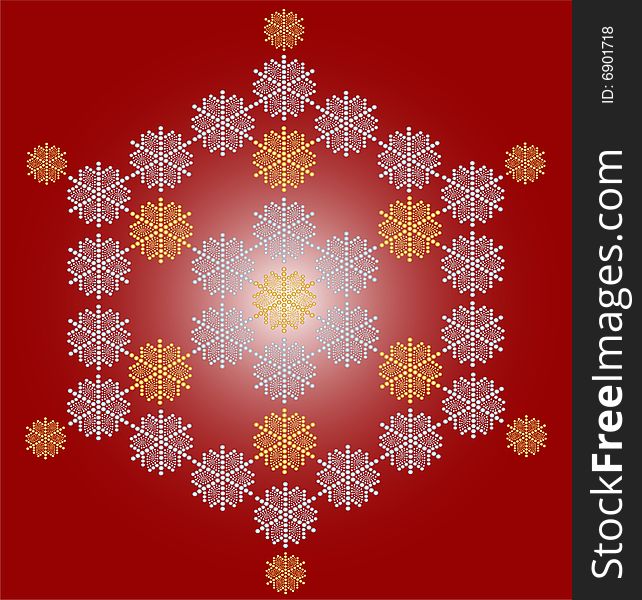 Contemporary christmas card made entirely of dots, giant  snowflake on red. Contemporary christmas card made entirely of dots, giant  snowflake on red