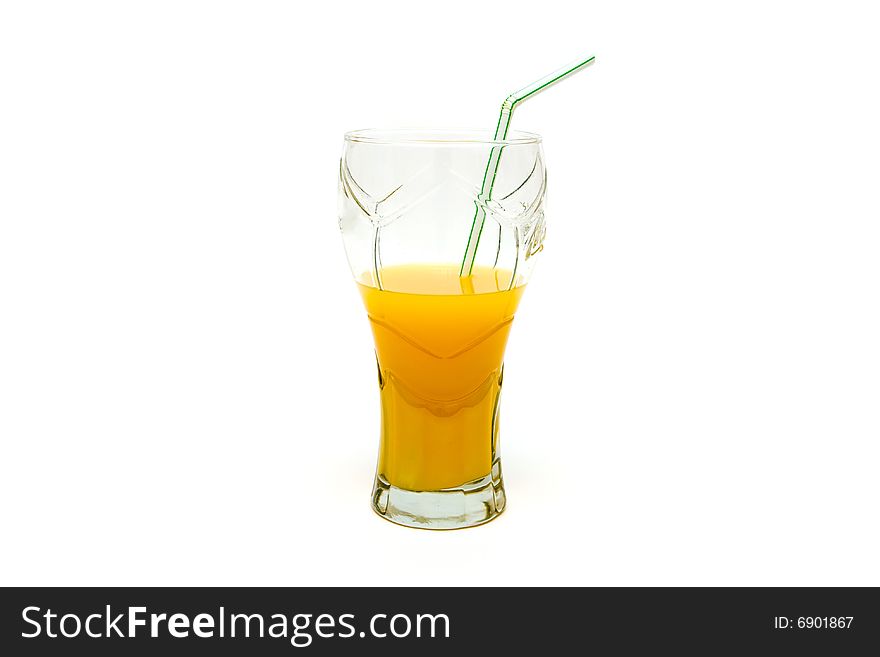 Glass of orange juice on white