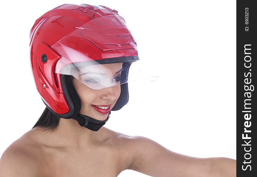 Asian Biker Girl With A Red Helmet