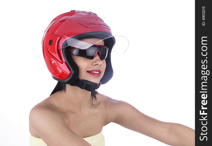 Biker girl with a red helmet