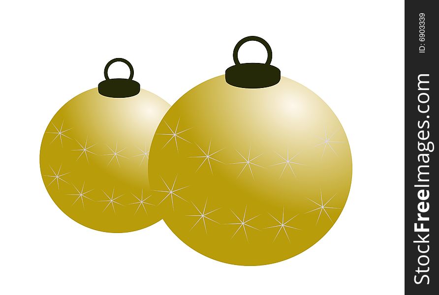 Two golden and decorated Christmas balls. Two golden and decorated Christmas balls