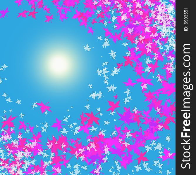 A stream of pink leaves around the sun. Digital drawing. Coloured picture. A stream of pink leaves around the sun. Digital drawing. Coloured picture.