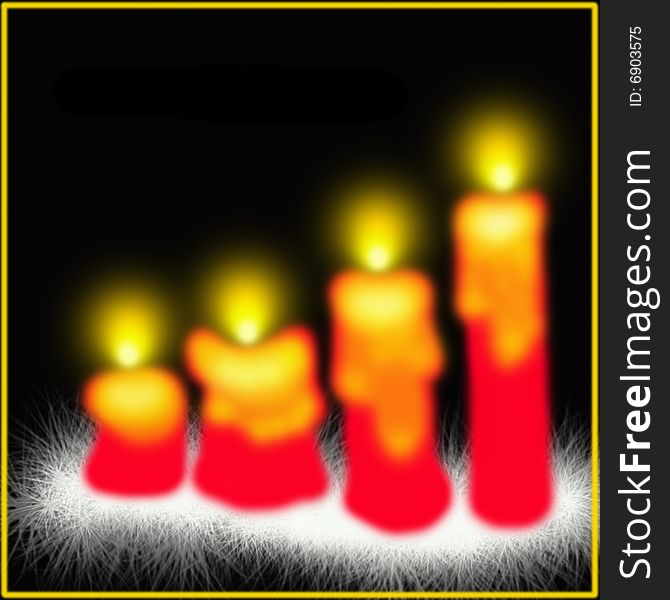 Four Christmas candles upon a white Christmas needles on a black background. Digital drawing. Four Christmas candles upon a white Christmas needles on a black background. Digital drawing.