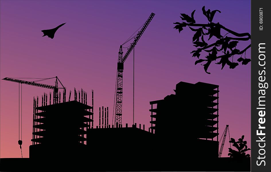 Illustration with house building and cranes. Illustration with house building and cranes