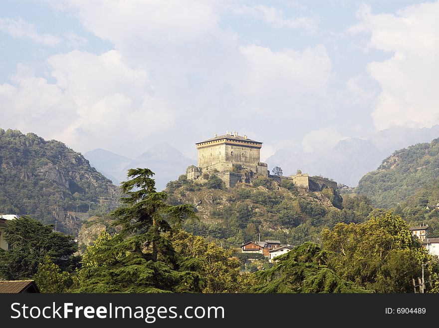 Medieval castle on hill in Italy, Aosta region, horizontal. Medieval castle on hill in Italy, Aosta region, horizontal