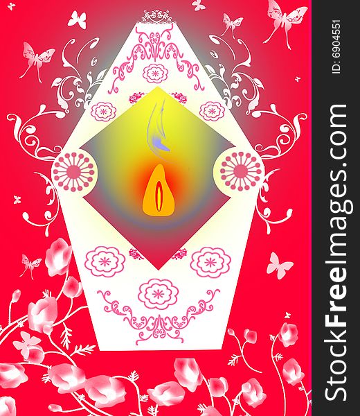 Illustration of the lantern with flowers on the red background