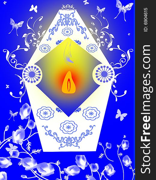 Illustration of the lantern with flowers on the blue background