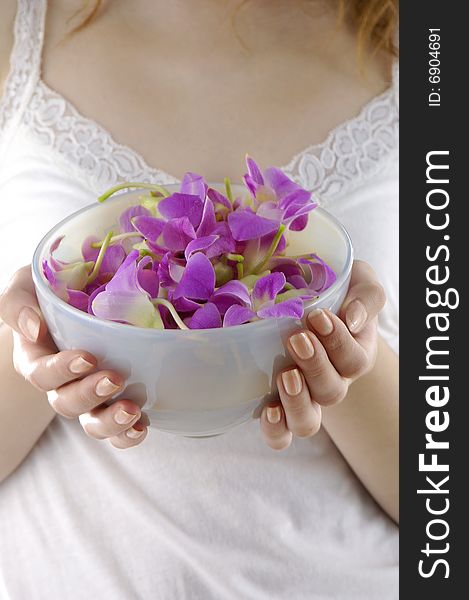 Woman hands holding vase with flowers. Isolated on white. Woman hands holding vase with flowers. Isolated on white