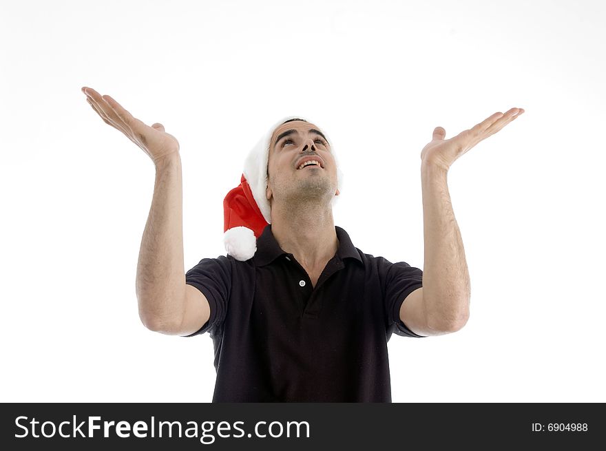 American male looking upward on an isolated background