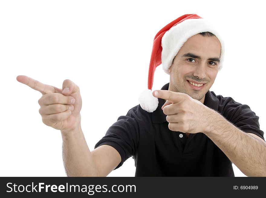 Pointing man with christmas hat with white background