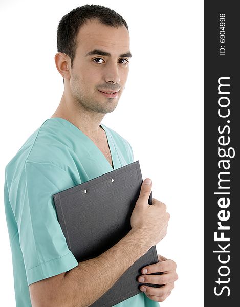 Side pose of doctor with writing pad