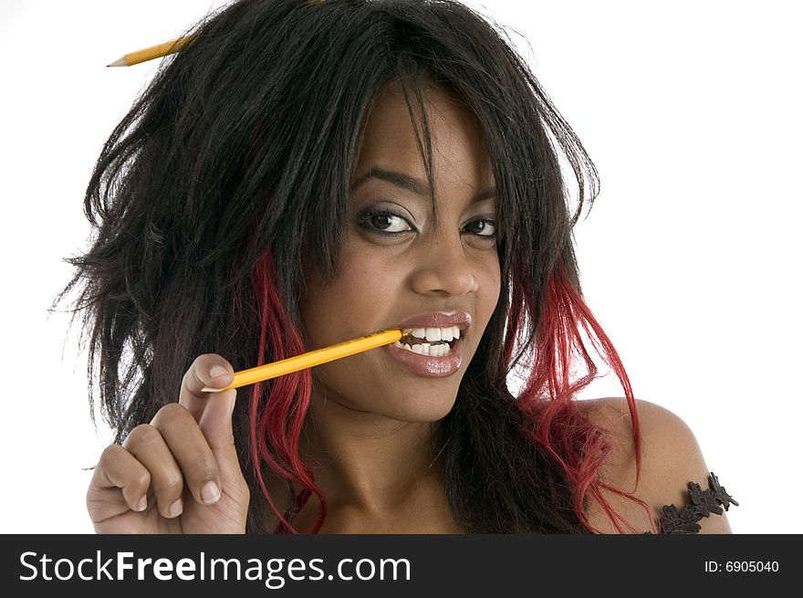 Portrait of girl with pencil on an isolated white background