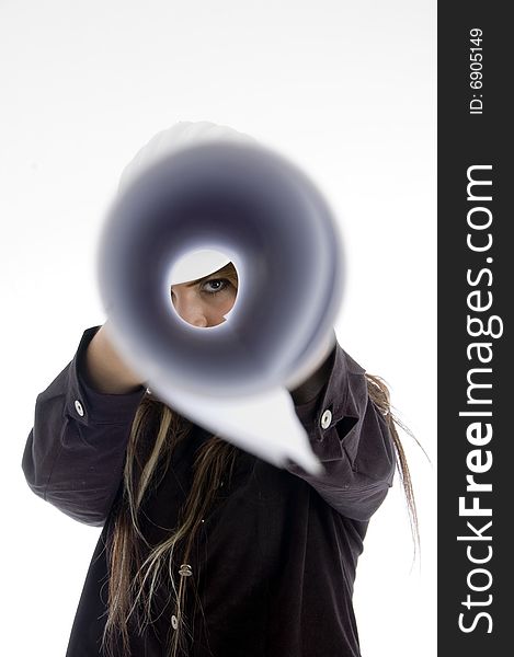 Girl looking into chart on an isolated background