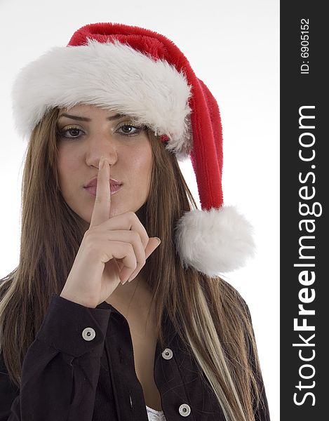 Girl asking to keep silent with white background