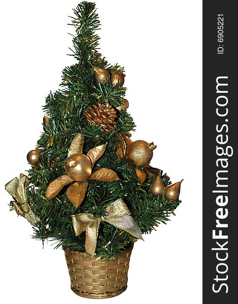 Christmas artificial tree with shiny gold ornaments. Christmas artificial tree with shiny gold ornaments