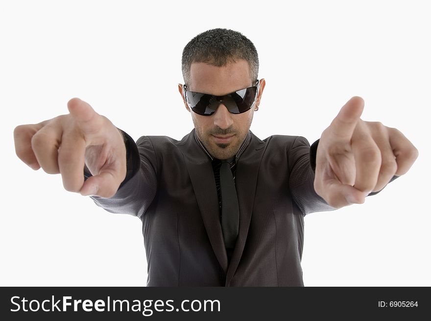 Indicating businessman with sunglasses on an isolated white background
