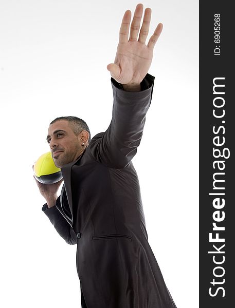 Male with rugby ball against white background