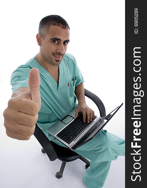 American doctor with notebook against white background