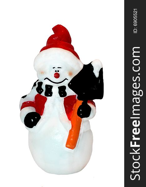 One snowman with shovel is decoration for christmas