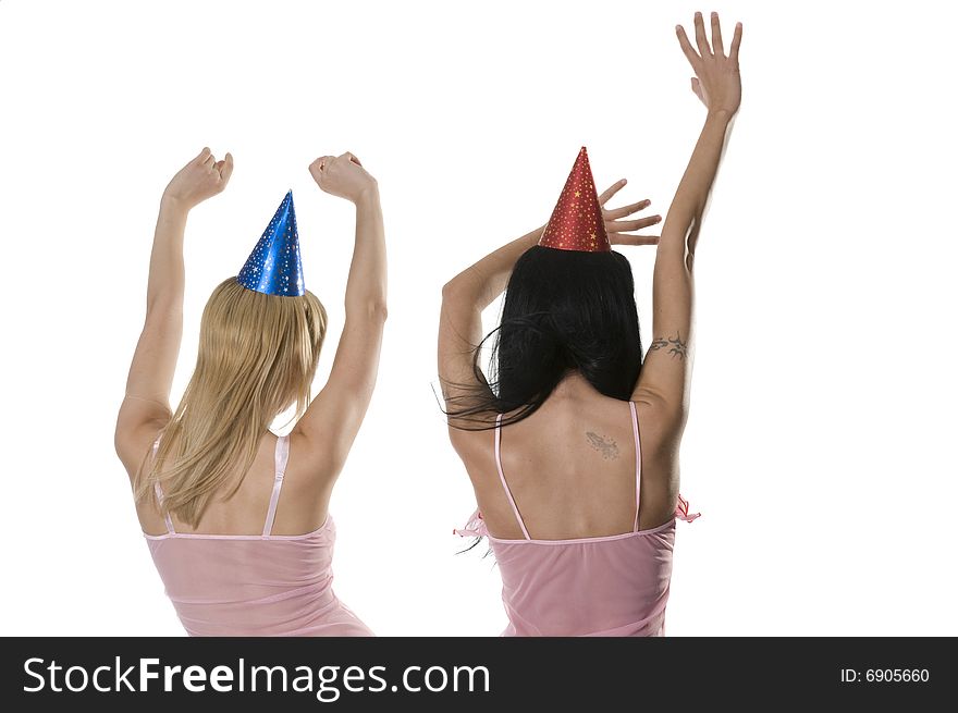Two girls with upraised hands. Two girls with upraised hands