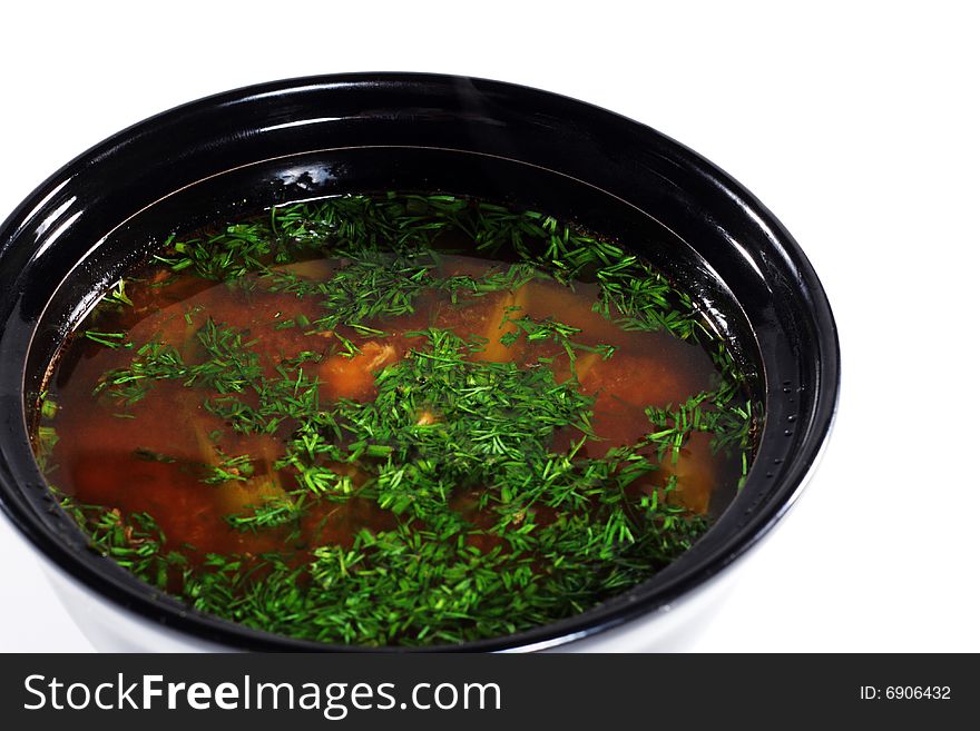 Japanese Soup in Black Dish. Isolated on White Background. Japanese Soup in Black Dish. Isolated on White Background