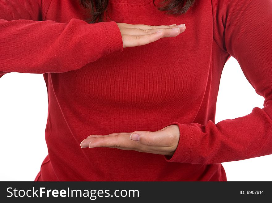 Woman In Red Shirt With Arms In Holding Position