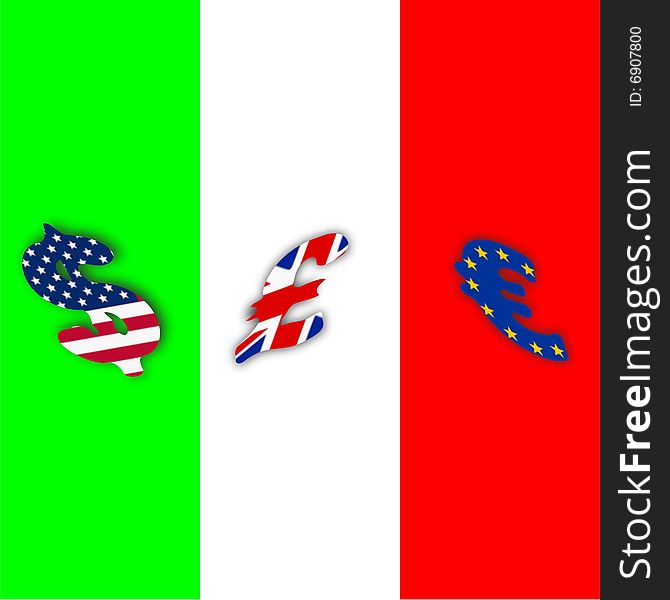 Moneys and flags in the global market of united states of america, great britain and europe inside the Italy flag. Moneys and flags in the global market of united states of america, great britain and europe inside the Italy flag