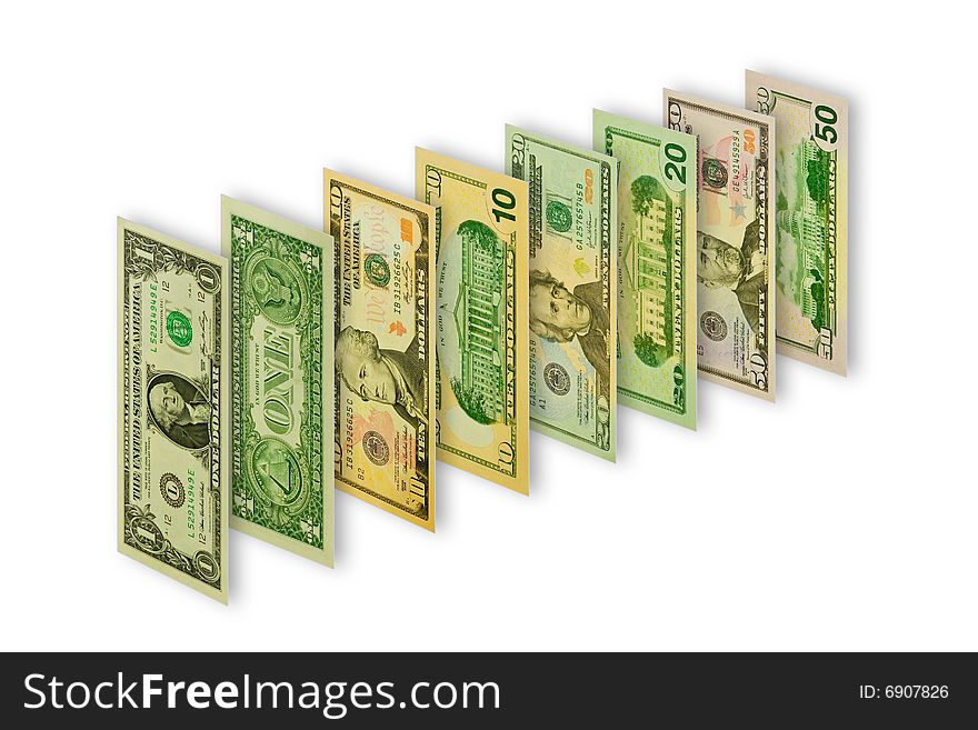 1, 10, 20 and 15 dollar notes standing, isolated on white
