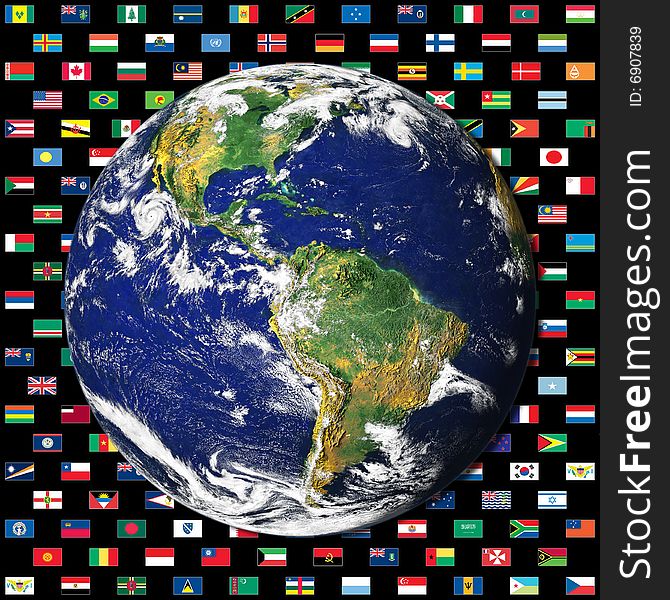 Western hemisphere on a black background with world flags. Western hemisphere on a black background with world flags