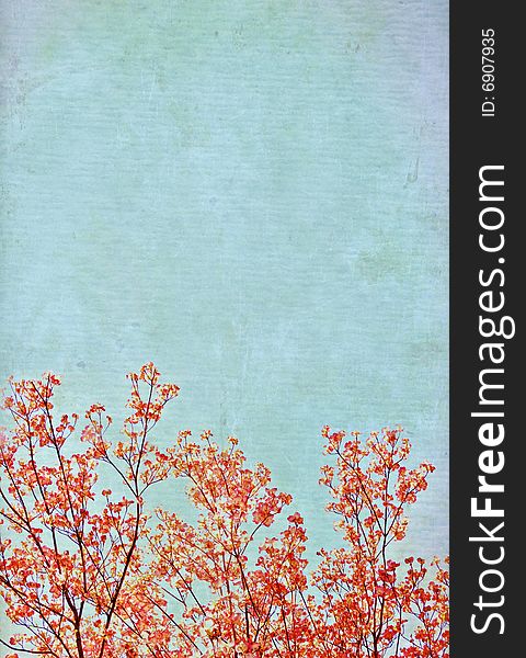 Textured, grunged background with flowering plum tree blossoms; space for copy. Textured, grunged background with flowering plum tree blossoms; space for copy