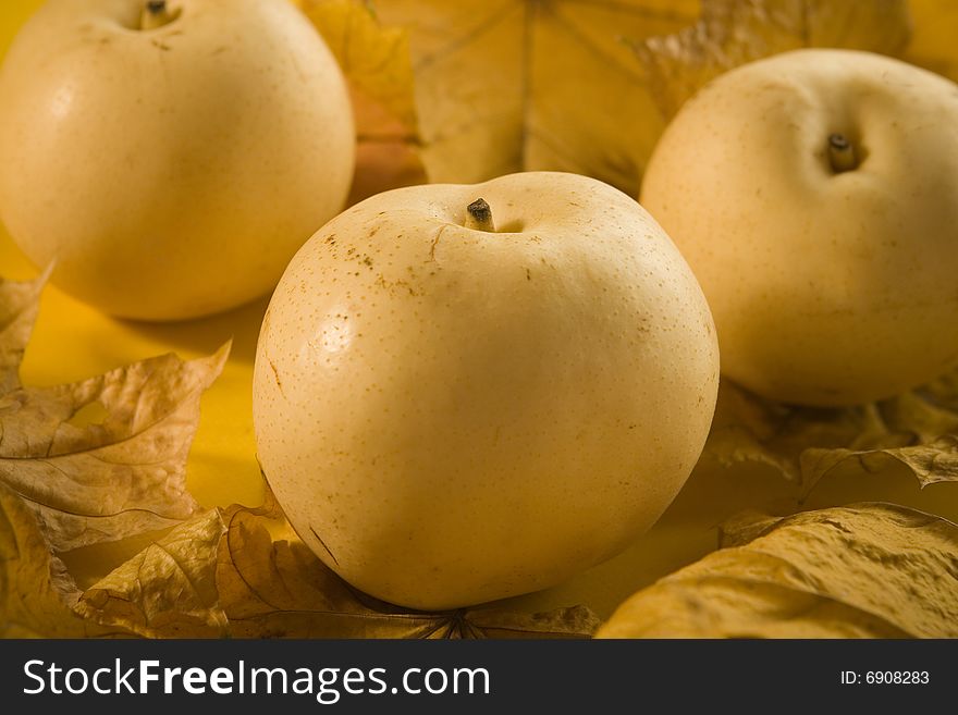 Apples on maple leaves on yellow ground