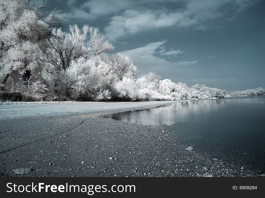 Duotone infrared river and reflects - natural grainy picture. Duotone infrared river and reflects - natural grainy picture