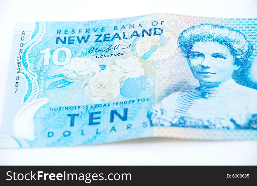 New zealand currency ten dollar note against a white background. New zealand currency ten dollar note against a white background