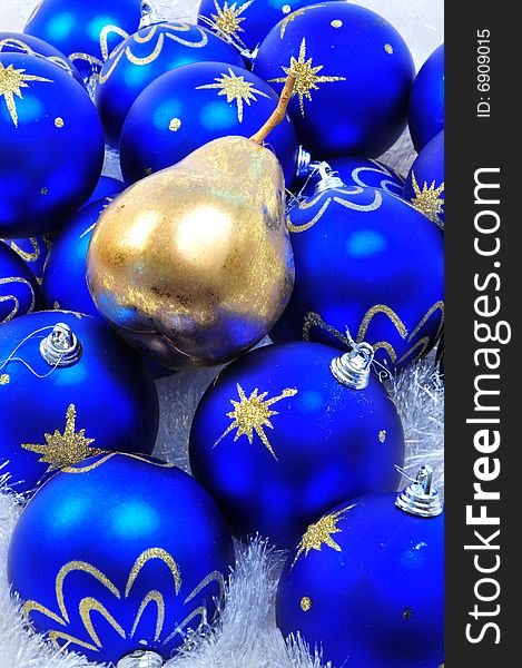 Blue Ornaments with Golden Pear