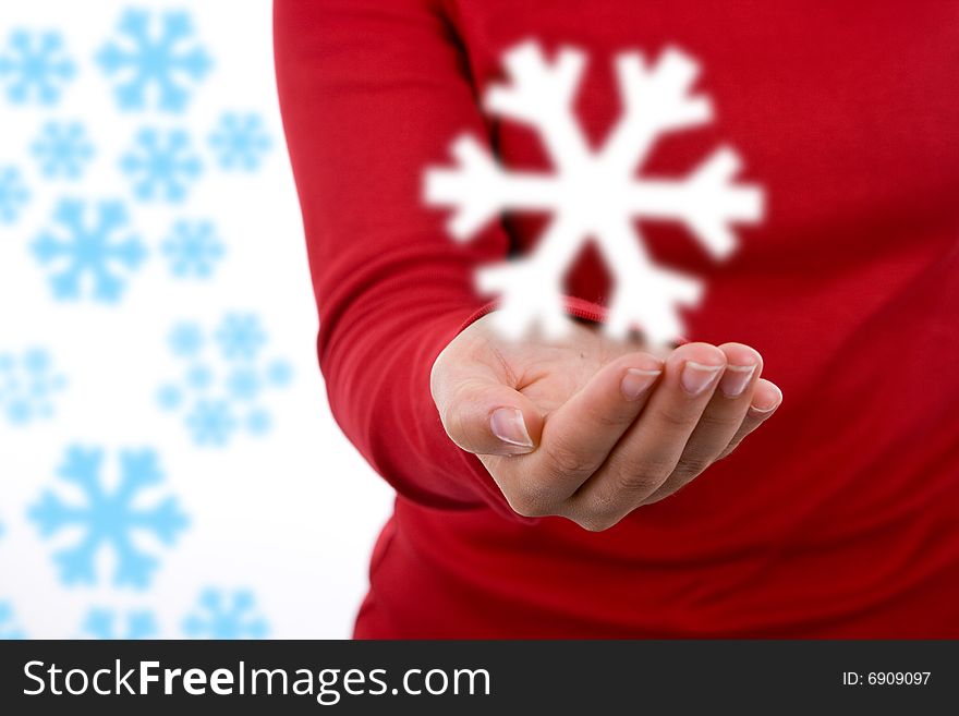 Santa Woman Holding Giant Snowflake