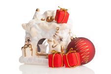 Ceramic Fireplace, Red Ball And Present Boxes Stock Photography Ceramic Fireplace, Red Ball And Present Boxes Stock Photography