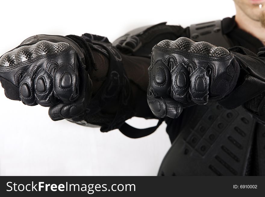 Close up of protective glove of a biker isolated on white. Close up of protective glove of a biker isolated on white