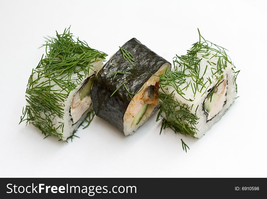 A set of japanese rolls on neutral background