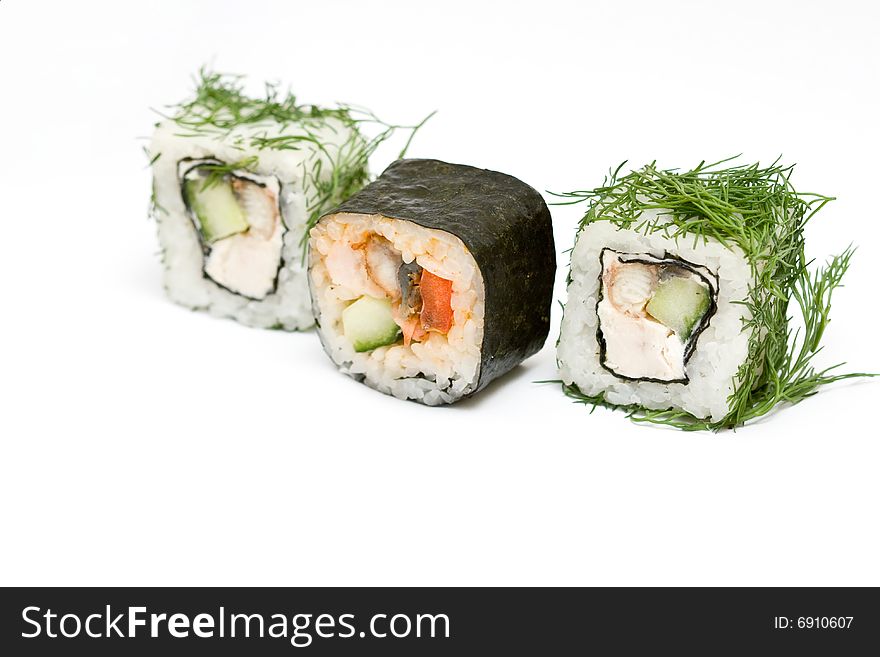 A set of japanese rolls on neutral background