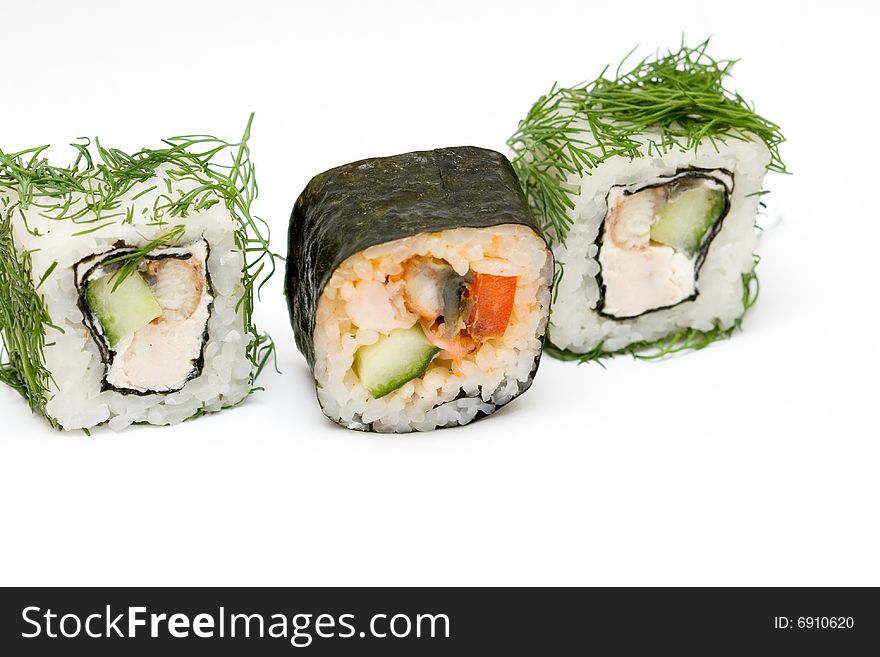 A set of japanese rolls on neutral background