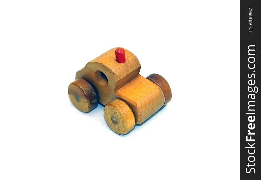 Wooden toy car facing the camera on white background. Wooden toy car facing the camera on white background