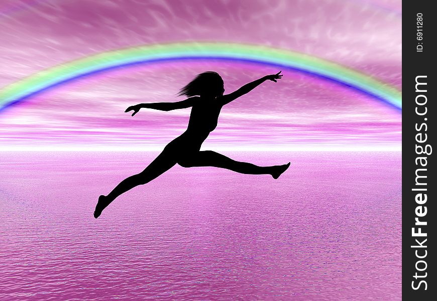 Black woman silhouette jumping in the rainbow landscape. Black woman silhouette jumping in the rainbow landscape