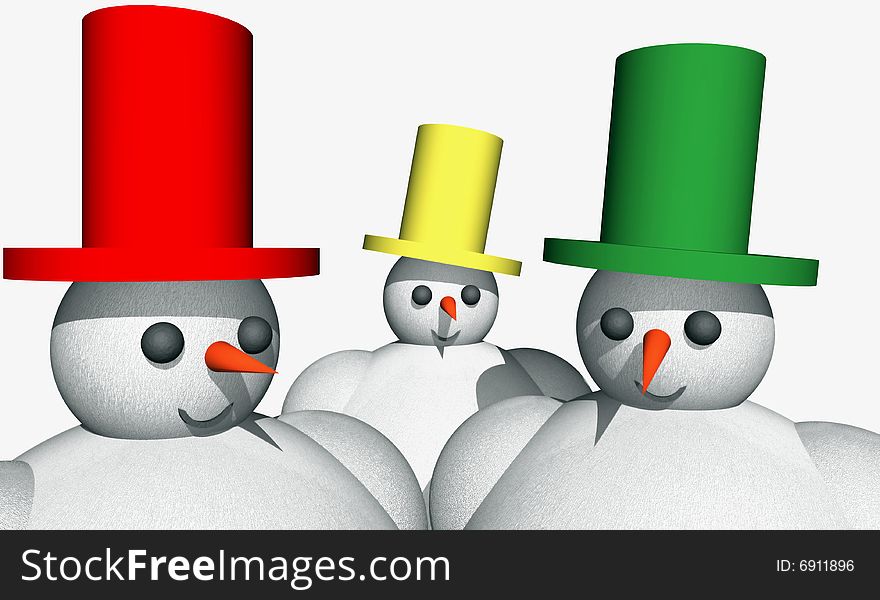 3D snowmen isolated over white, abstract illustration. 3D snowmen isolated over white, abstract illustration