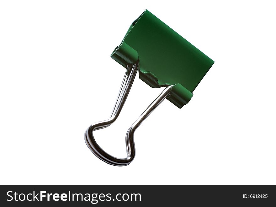 Green paper clip isolated on white background.