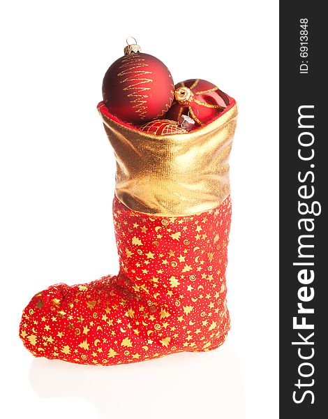 Christmas boot with red balls inside, isolated