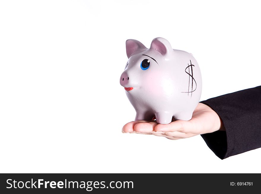 Hand Holding piggy bank on the white background