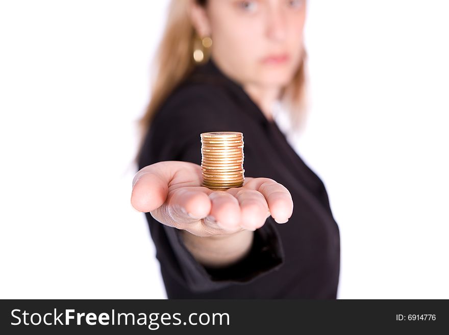 Beautiful woman holding coins on the white background