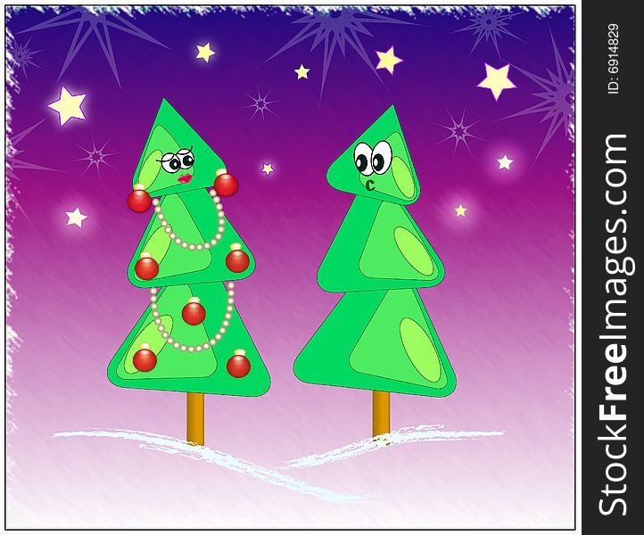 Winter illustration: against a dark background two fur-trees. Winter illustration: against a dark background two fur-trees