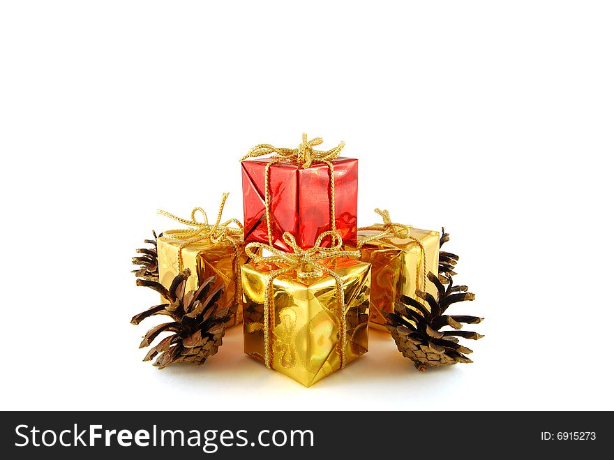 A few boxes with gift and cones on the white background