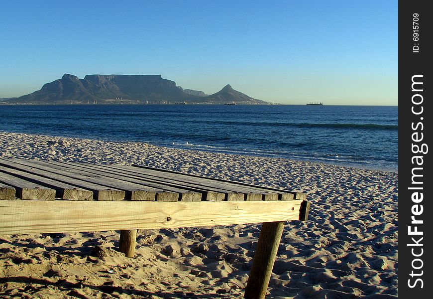 View of Table Mountain with a deck in front. South Africa